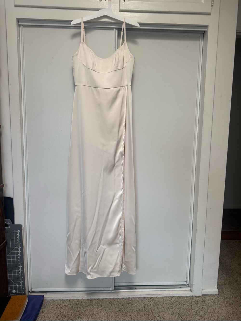 Azazie Cream Satin Maxi Slip Dress with Spaghetti Straps